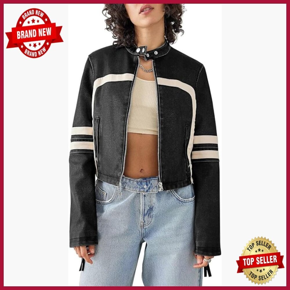 Women's Faux Leather Cropped Moto Jacket Zip Up Stand Collar